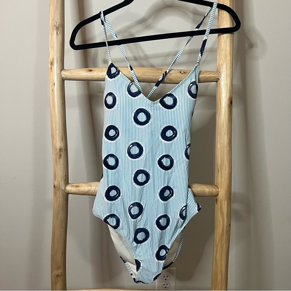 Aerie full coverage one piece “pool float” striped blue swim suit M